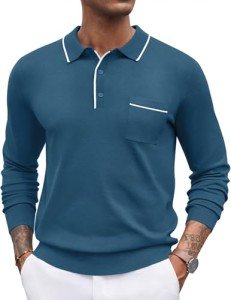 Men's Long Sleeve Button Down Polo Shirt - Dark Blue