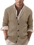 Linvich Men's Retro Shawl Collar Khaki Cardigan
