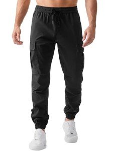 Men's Tapered Cargo Joggers with Pockets - Black