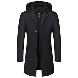 Men's Classic Black Wool Trench Coat with Hoodie