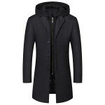 Men's Classic Black Wool Trench Coat with Hoodie