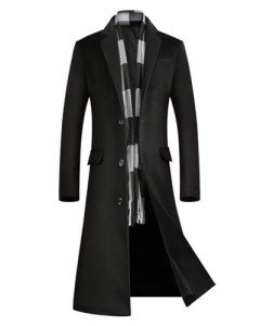 Men's Quilted Black Wool Blend Overcoat