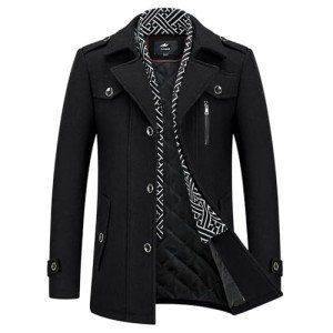 Men's Black Wool Blend Peacoat with Scarf