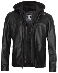 Men's Black Hooded Leather Motorcycle Jacket, 3XL