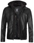 Men's Black Hooded Leather Motorcycle Jacket, 3XL
