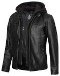 Men's Black Hooded Leather Motorcycle Jacket, 3XL