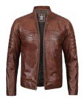 Brown Quilted Moto Leather Jacket for Men, XL