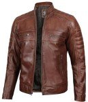 Brown Quilted Moto Leather Jacket for Men, XL