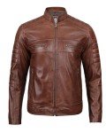 Brown Quilted Moto Leather Jacket for Men, XL