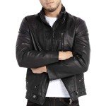 Men's Vintage Black Leather Motorcycle Jacket, Large