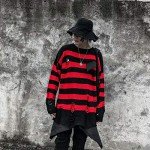 Men's Oversized Black and Red Striped Sweater