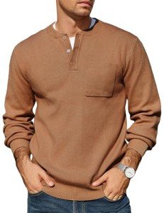 Men's Tan Knit Half Button Henley Sweater