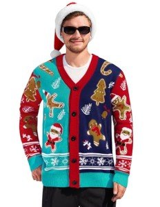Men's Colorblock Christmas Cardigan with Santa Design
