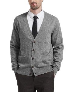 KALLSPIN Men's V-Neck Wool Blend Cardigan - Light Grey