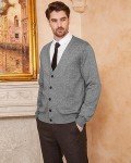 KALLSPIN Men's V-Neck Wool Blend Cardigan - Light Grey