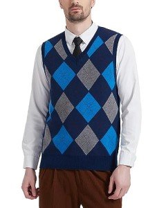 KALLSPIN Men's Navy Argyle V-Neck Vest Sweater