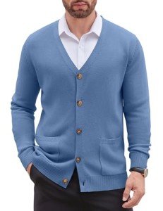 Men's Blue Casual V-Neck Cardigan Sweater with Pockets