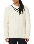 Men's V-Neck Cable Sweater in Light Beige