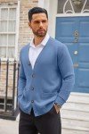 Men's Blue Casual V-Neck Cardigan Sweater with Pockets
