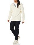Men's V-Neck Cable Sweater in Light Beige