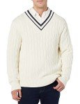 Men's V-Neck Cable Sweater in Light Beige