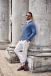 Men's Blue Casual V-Neck Cardigan Sweater with Pockets