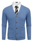 Men's Blue Casual V-Neck Cardigan Sweater with Pockets