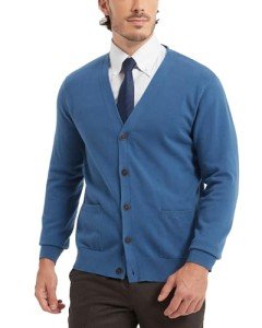 KALLSPIN Men's V-Neck Cotton Cardigan Sweater in Blue