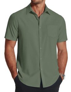 COOFANDY Men's Wrinkle-Free Short Sleeve Shirt - Army Green
