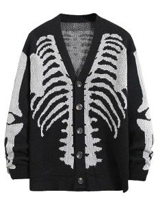 Men's Black Skeleton Print Oversized Cardigan Sweater