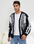 Men's Black Skeleton Print Oversized Cardigan Sweater