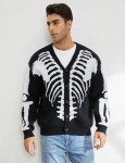 Men's Black Skeleton Print Oversized Cardigan Sweater