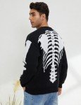 Men's Black Skeleton Print Oversized Cardigan Sweater