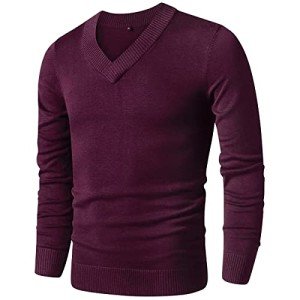 LTIFONE Men's Red Slim Fit V-Neck Sweater