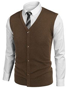 COOFANDY Men's Casual V-Neck Sweater Vest - Brown