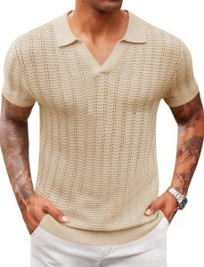 Men's Casual V-Neck Knit Polo Shirt - Khaki