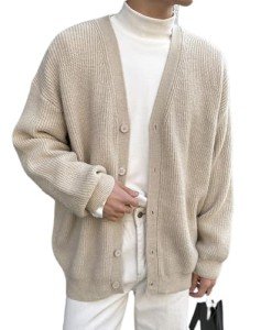 Men's Long Sleeve V-Neck Cardigan Sweater - Apricot