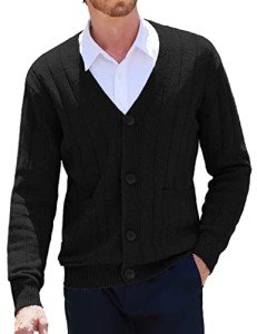 Men's Black Cable Knit V-Neck Cardigan Sweater