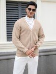 Men's Long Sleeve V-Neck Cardigan Sweater - Apricot
