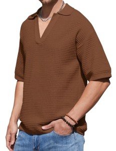 Men's Casual Knit V-Neck Polo Shirt - Caramel
