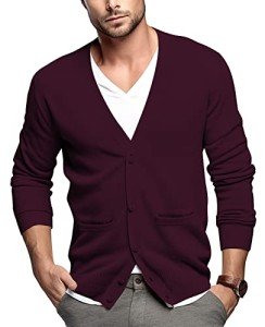 QUALFORT Men's Slim Fit V-Neck Cardigan - Burgundy