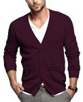 QUALFORT Men's Slim Fit V-Neck Cardigan - Burgundy