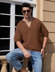 Men's Casual Knit V-Neck Polo Shirt - Caramel