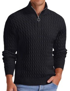 Men's Black Cable Knit Quarter-Zip Pullover Sweater