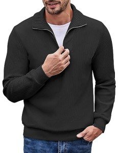 COOFANDY Men's Black Corduroy Quarter Zip Pullover