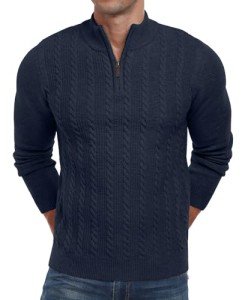 Navy Blue Men's Cable Knit Quarter Zip Sweater