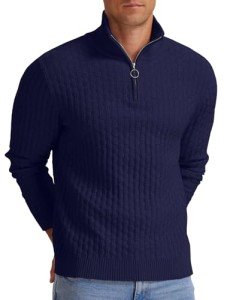 Men's Navy Waffle Textured Quarter-Zip Sweater
