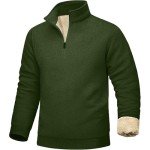 Men's Army Green Sherpa Lined Quarter Zip Sweatshirt