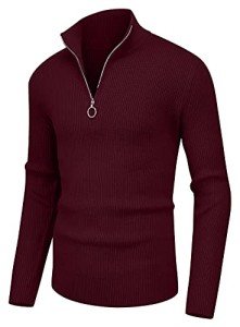 Men's Ribbed Turtleneck Quarter Zip Sweater - Wine Red