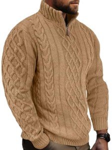 Men's Khaki Quarter-Zip Turtleneck Pullover Sweater